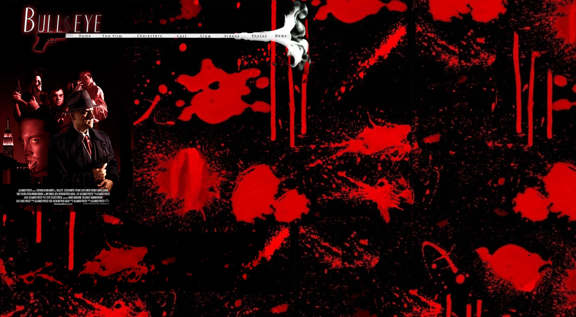 Original BullsEye website background with red splatters, cast montage, and navigation.