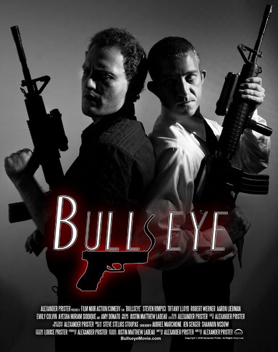 Two men pose back-to-back with prop rifles in vertical BullsEye artwork.