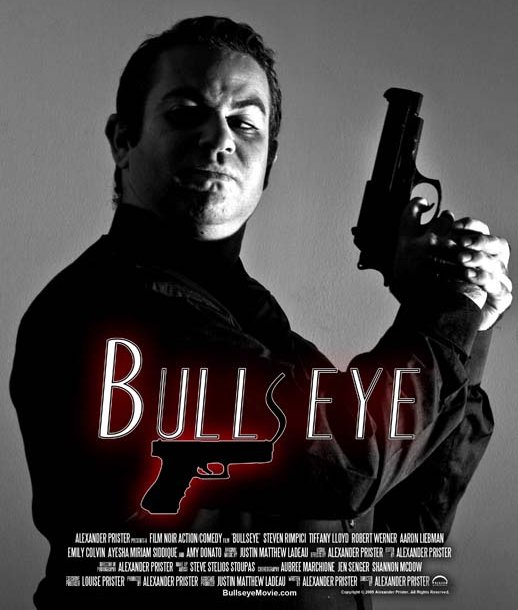 Man poses with a prop pistol in vertical black-and-white BullsEye artwork.