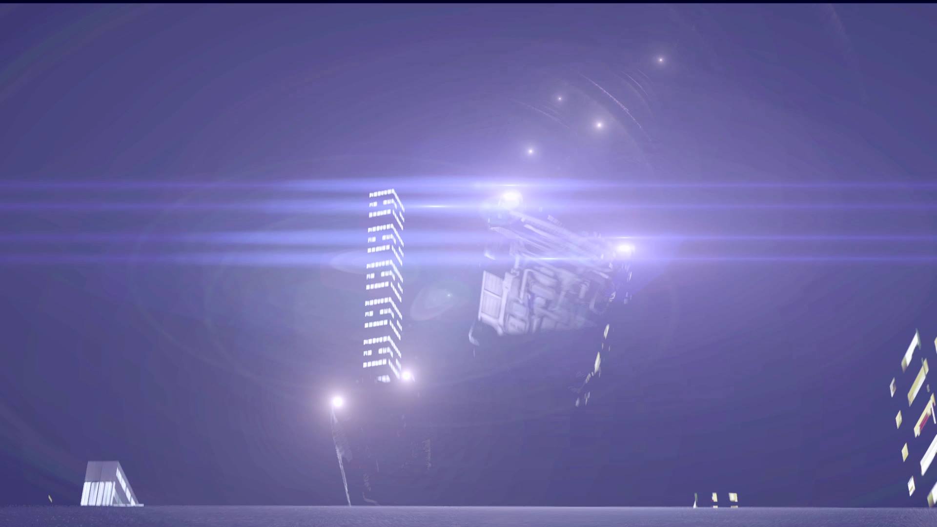 A visual-effects frame shows bright lens flares surrounding a dark skyscraper at night.