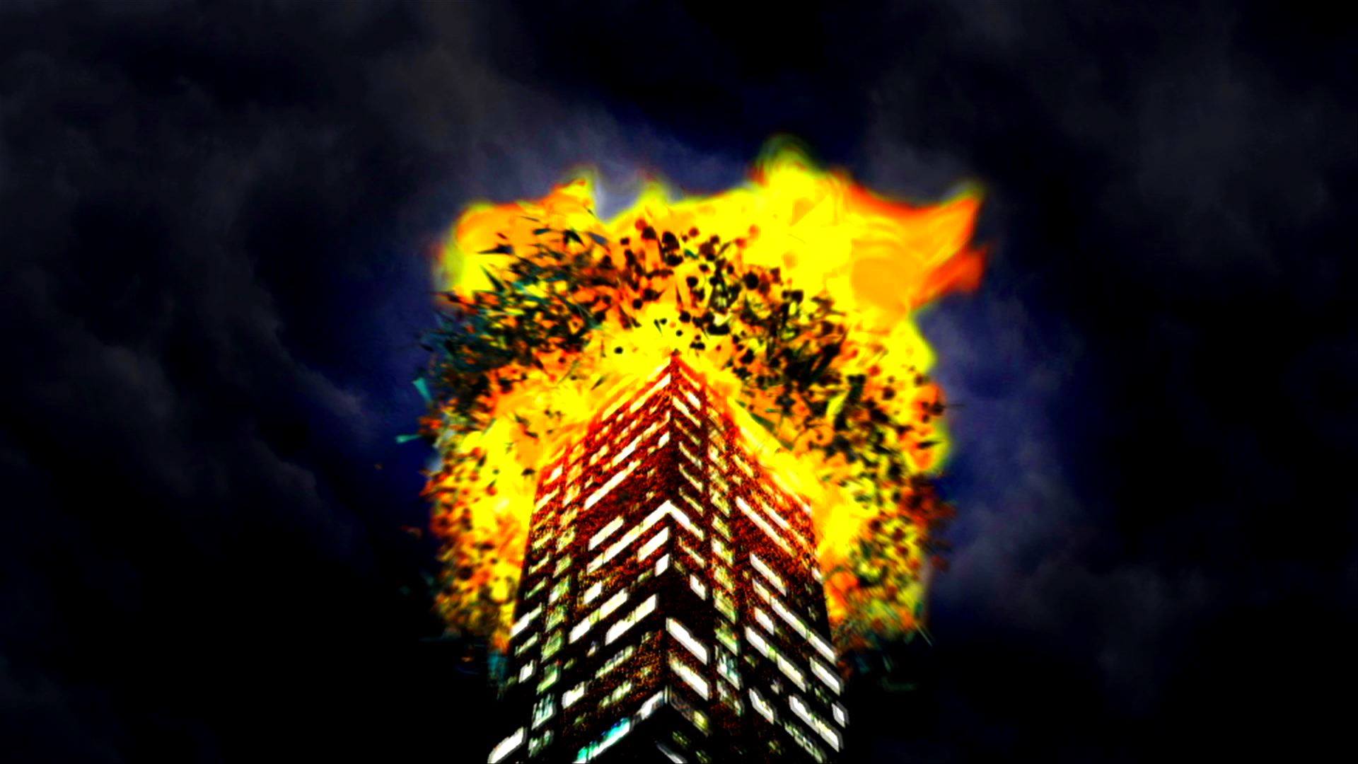 A visual-effects frame shows the top of a skyscraper engulfed in a bright explosion.
