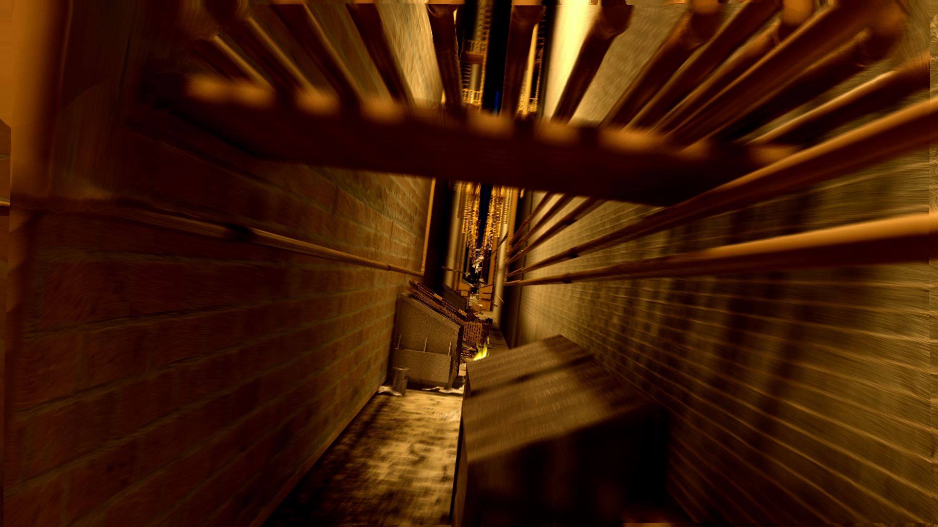 A golden-toned visual-effects frame looks down a narrow brick passage beneath metal railings.