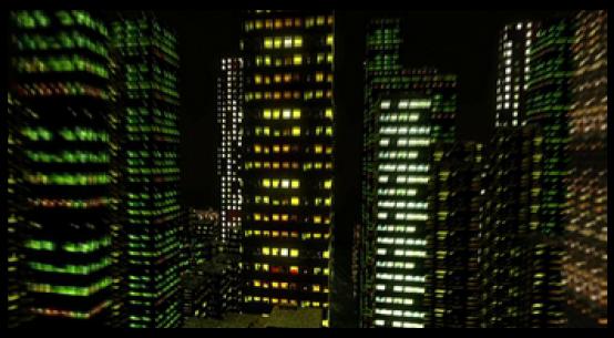 A visual-effects frame shows illuminated skyscrapers across a dark nighttime skyline.