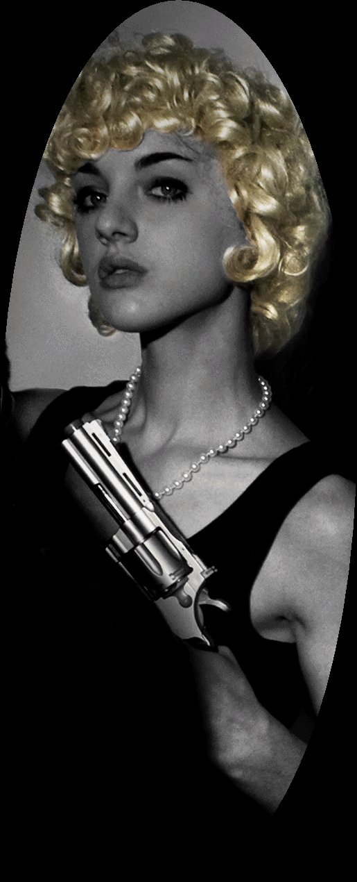 Blonde woman in vintage costume holds a silver prop pistol.