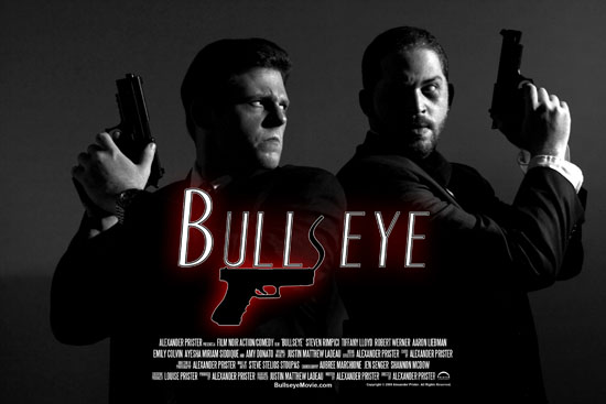 Two men pose back-to-back with prop guns beneath the BullsEye title.