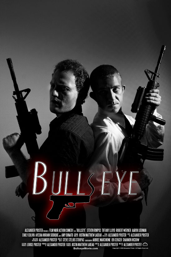 Two men pose back-to-back with prop rifles in vertical BullsEye key art.