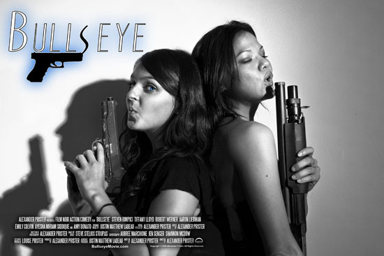 Two women from BullsEye pose back-to-back in a stylized noir portrait.