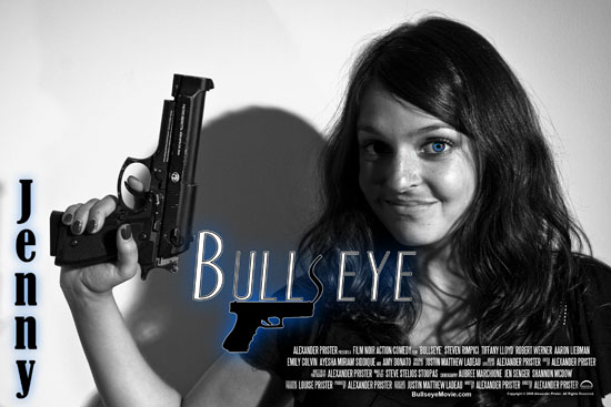 Smiling brunette woman holds a prop pistol in a black-and-white character card.