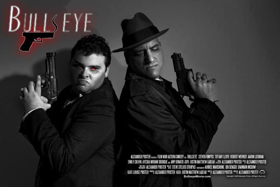 Two men pose back-to-back with prop pistols in selective-red BullsEye artwork.