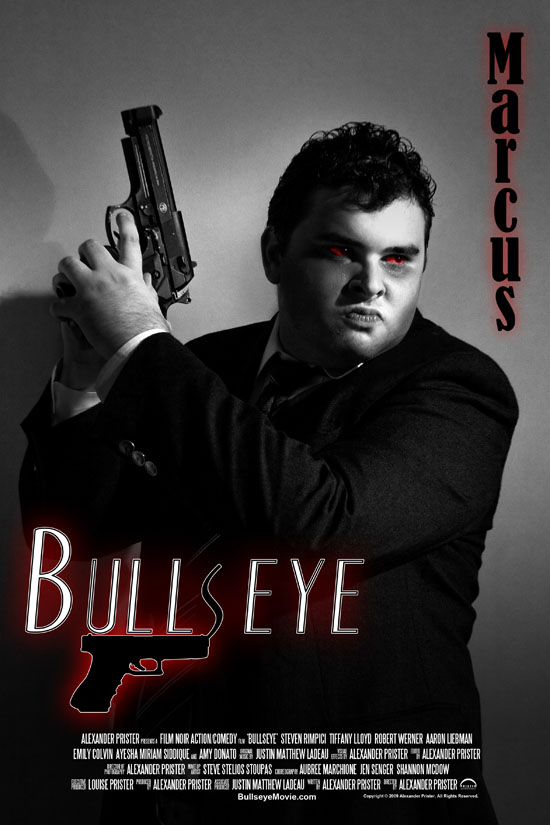 Suited man holds a prop pistol in a vertical black-and-white character card.