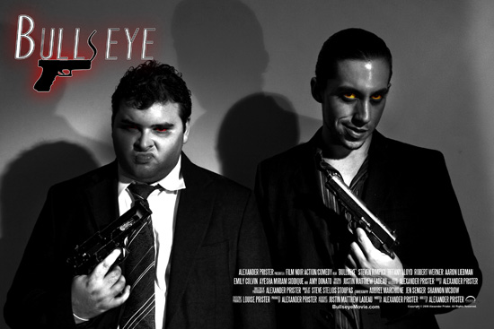Two suited men hold prop pistols in black-and-white artwork with glowing eyes.
