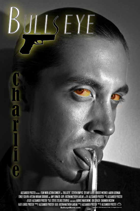 Close-up character portrait of a man holding a knife with an orange eye effect.