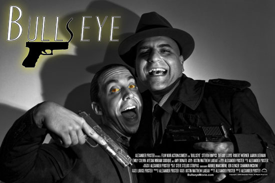 Two men laugh while holding prop weapons in comic BullsEye key art.